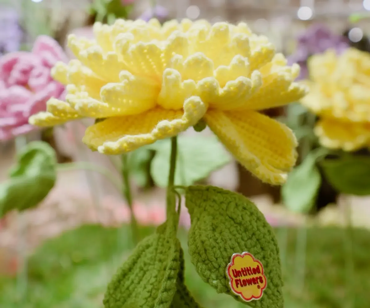 UF Pin on the leaf of a hand-crocheted yellow peony